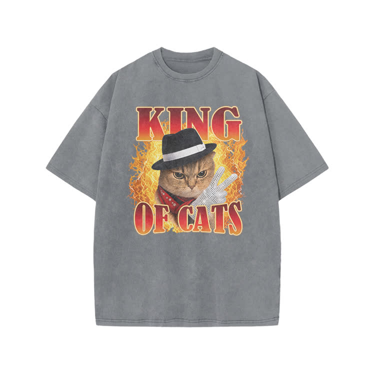 Vintage King of Cats Flame Graphic Print Acid Washed T-shirt