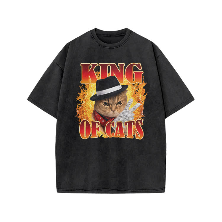 Vintage King of Cats Flame Graphic Print Acid Washed T-shirt