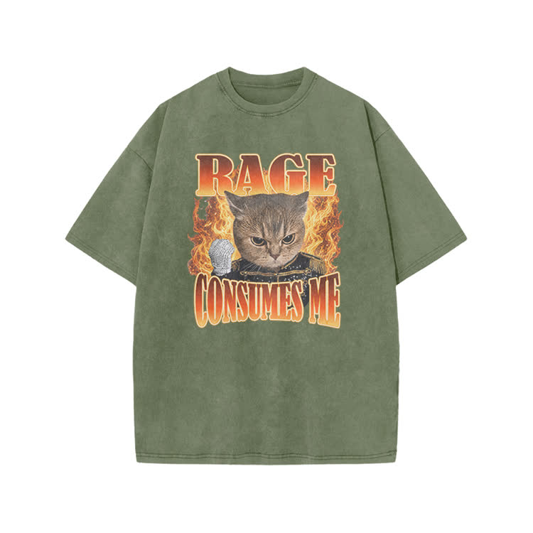 Vintage Washed Rage Consumes Me Cat Graphic Print Acid Washed T-shirt