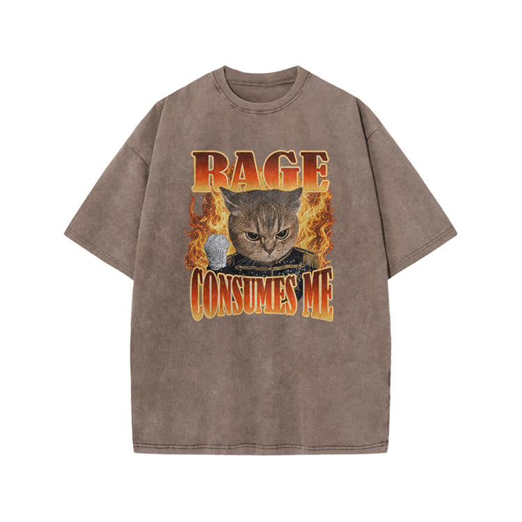 Vintage Washed Rage Consumes Me Cat Graphic Print Acid Washed T-shirt