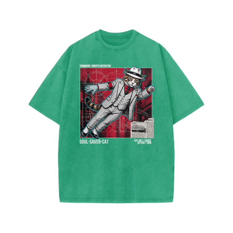 Vintage Soul Saver Cat Graphic Print Acid Washed T-shirt