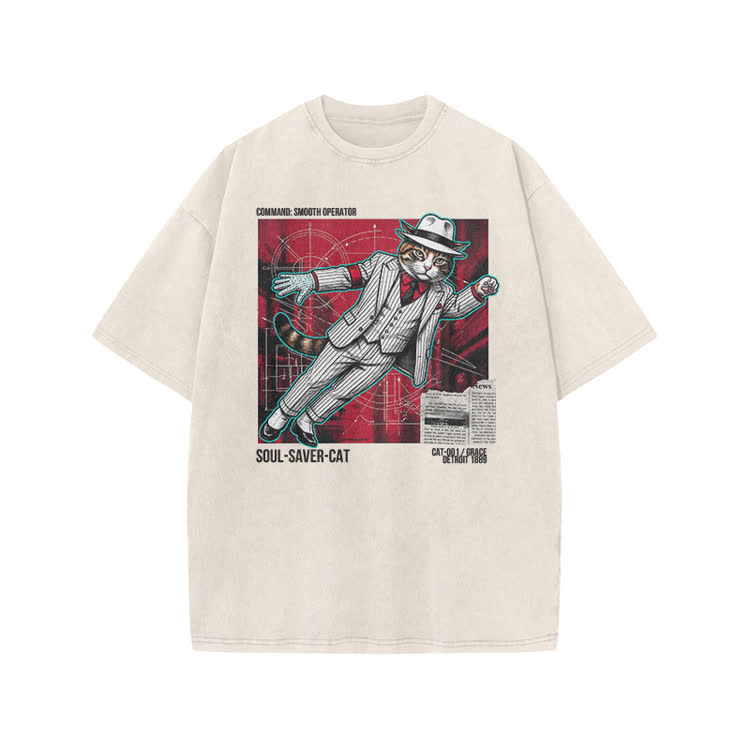 Vintage Soul Saver Cat Graphic Print Acid Washed T-shirt