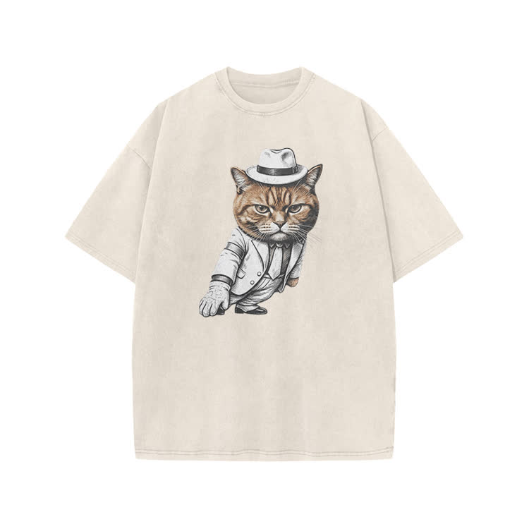 Vintage Gentleman Cat Graphic Print Acid Washed T-shirt