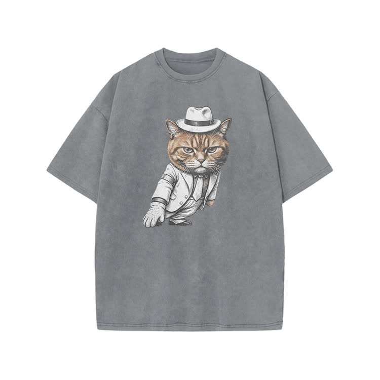Vintage Gentleman Cat Graphic Print Acid Washed T-shirt