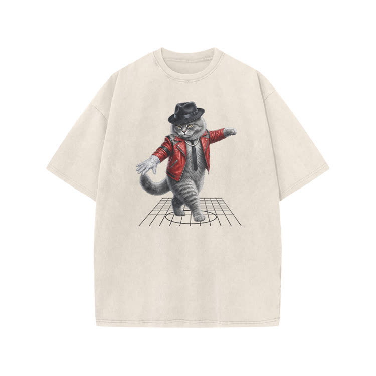 Vintage Dancing Cat Graphic Print Acid Washed T-shirt