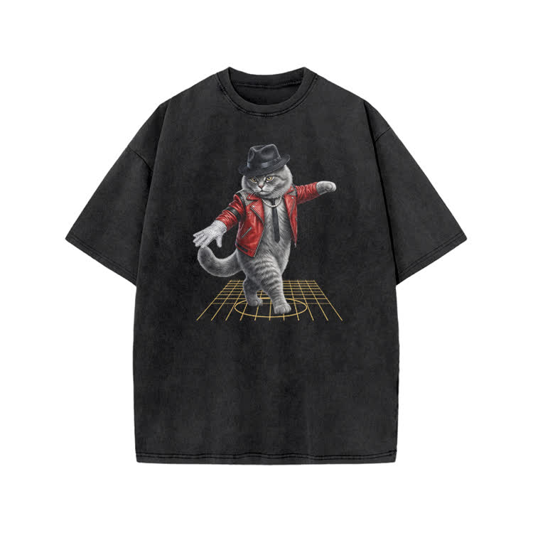 Vintage Dancing Cat Graphic Print Acid Washed T-shirt