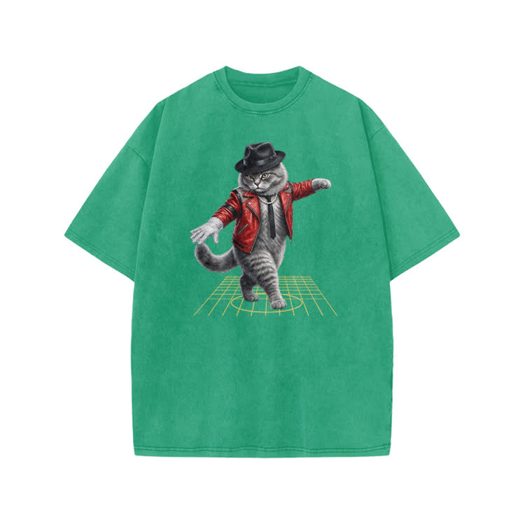 Vintage Dancing Cat Graphic Print Acid Washed T-shirt