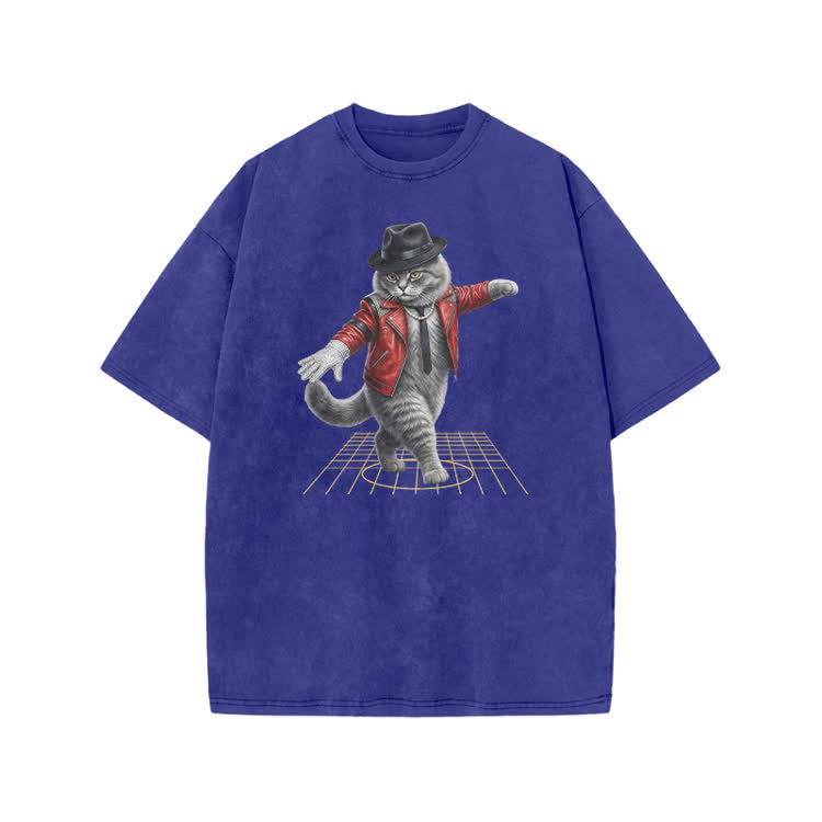 Vintage Dancing Cat Graphic Print Acid Washed T-shirt