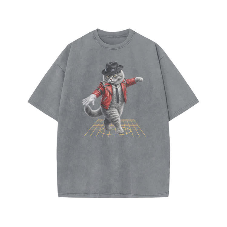 Vintage Dancing Cat Graphic Print Acid Washed T-shirt