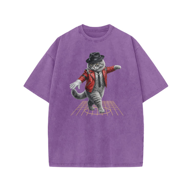 Vintage Dancing Cat Graphic Print Acid Washed T-shirt