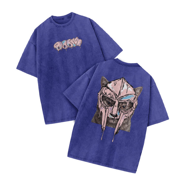 Washed Graffiti Cat Mask Graphic Print Acid Washed T-shirt