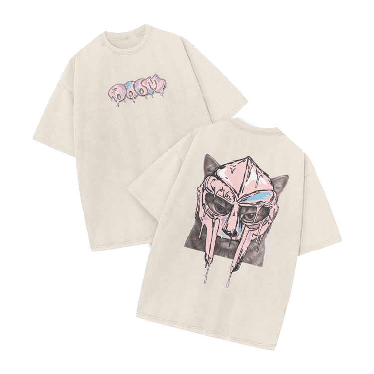 Washed Graffiti Cat Mask Graphic Print Acid Washed T-shirt