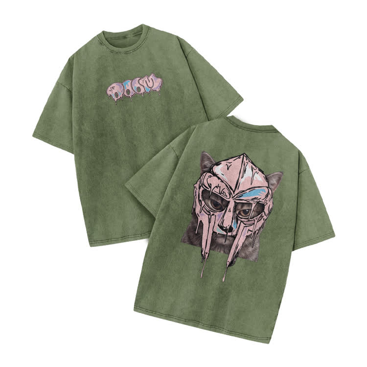 Washed Graffiti Cat Mask Graphic Print Acid Washed T-shirt