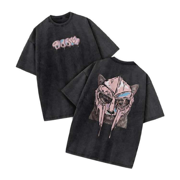 Washed Graffiti Cat Mask Graphic Print Acid Washed T-shirt