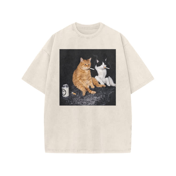 Vintage Smoking Cats Graphic Print Acid Washed T-Shirt
