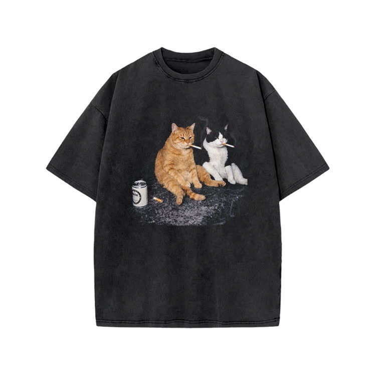 Vintage Smoking Cats Graphic Print Acid Washed T-Shirt