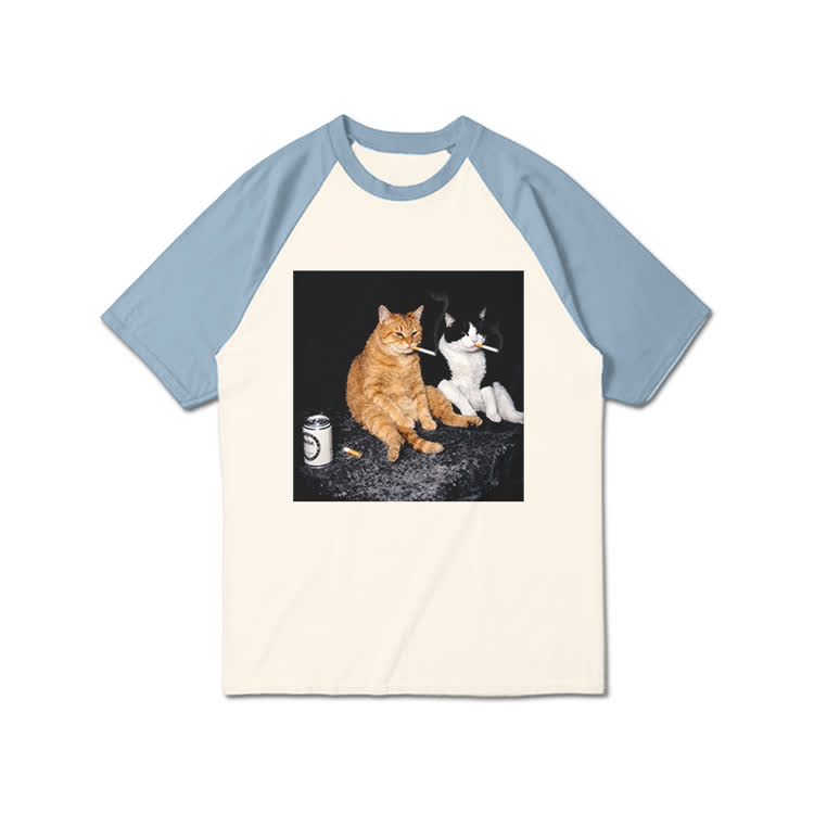 Vintage Smoking Cats Graphic Print Raglan Sleeve T-Shirt
