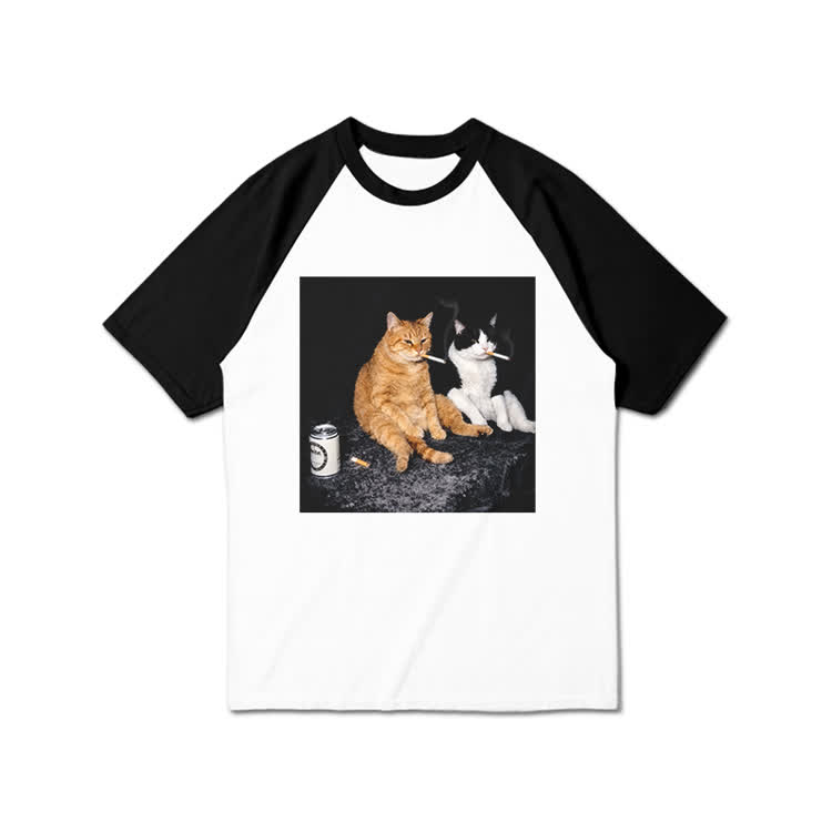 Vintage Smoking Cats Graphic Print Raglan Sleeve T-Shirt