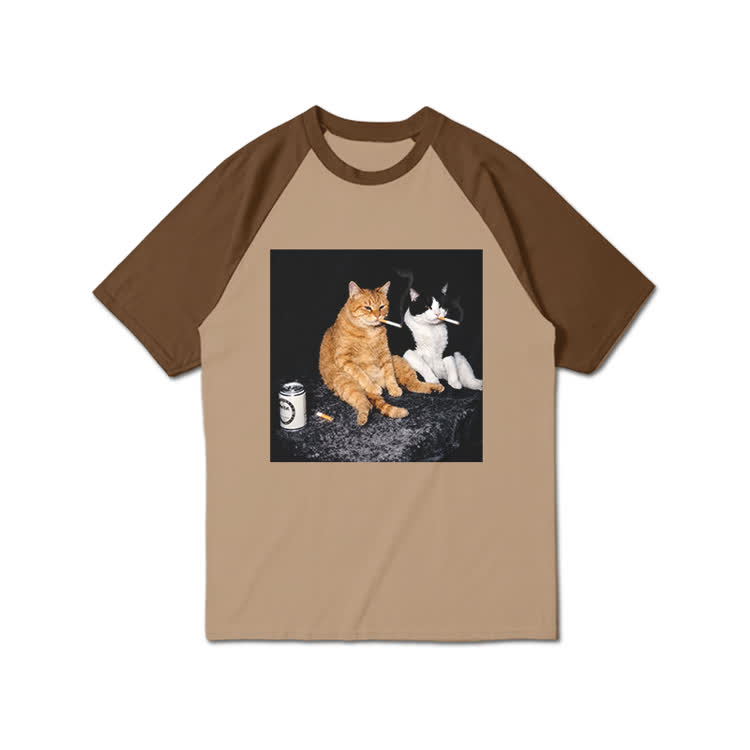 Vintage Smoking Cats Graphic Print Raglan Sleeve T-Shirt