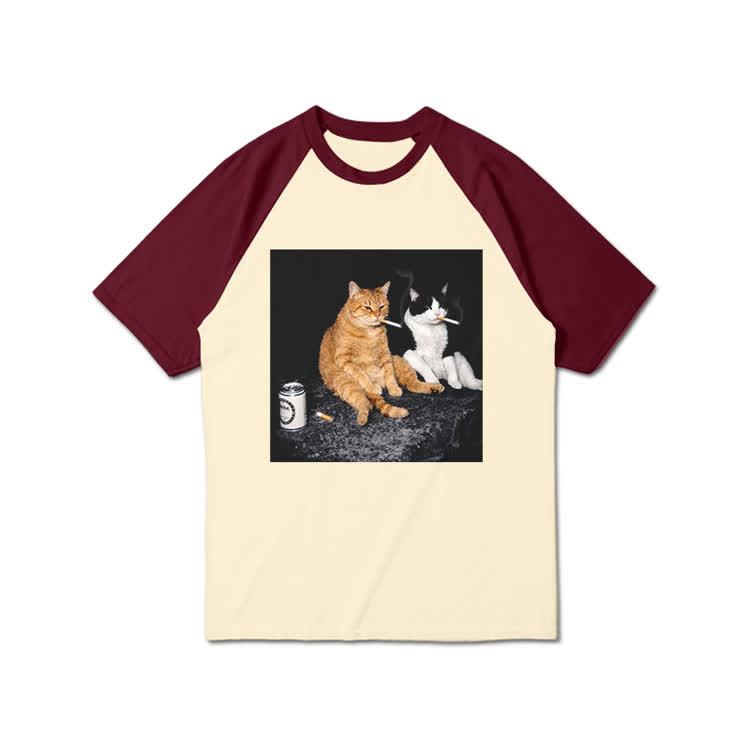 Vintage Smoking Cats Graphic Print Raglan Sleeve T-Shirt
