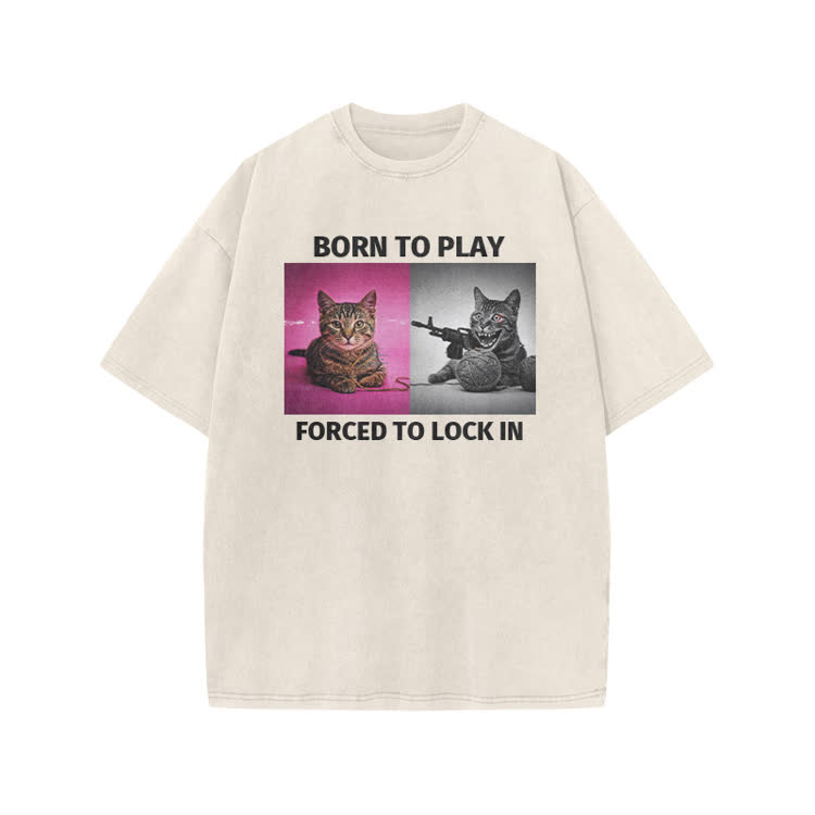 Casual Born to Play Cat Graphic Print Acid Washed T-shirt