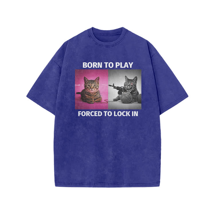 Casual Born to Play Cat Graphic Print Acid Washed T-shirt
