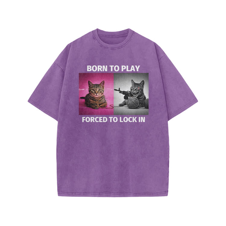 Casual Born to Play Cat Graphic Print Acid Washed T-shirt