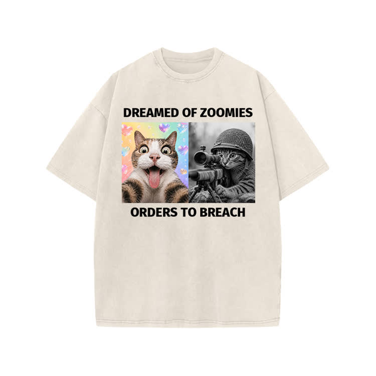 Streetwear Zoomies Cat Graphic Print Acid Washed T-shirt