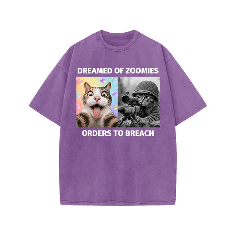 Streetwear Zoomies Cat Graphic Print Acid Washed T-shirt