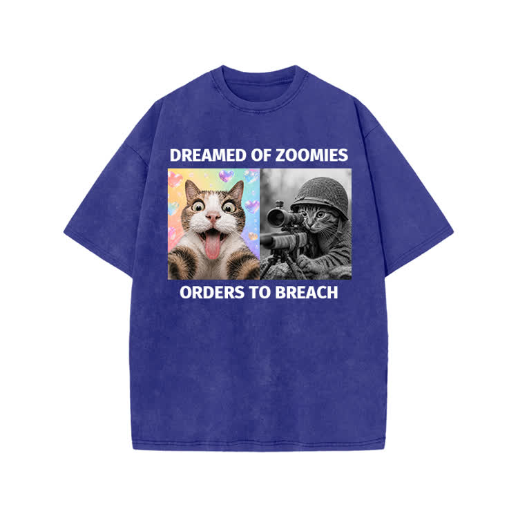 Streetwear Zoomies Cat Graphic Print Acid Washed T-shirt
