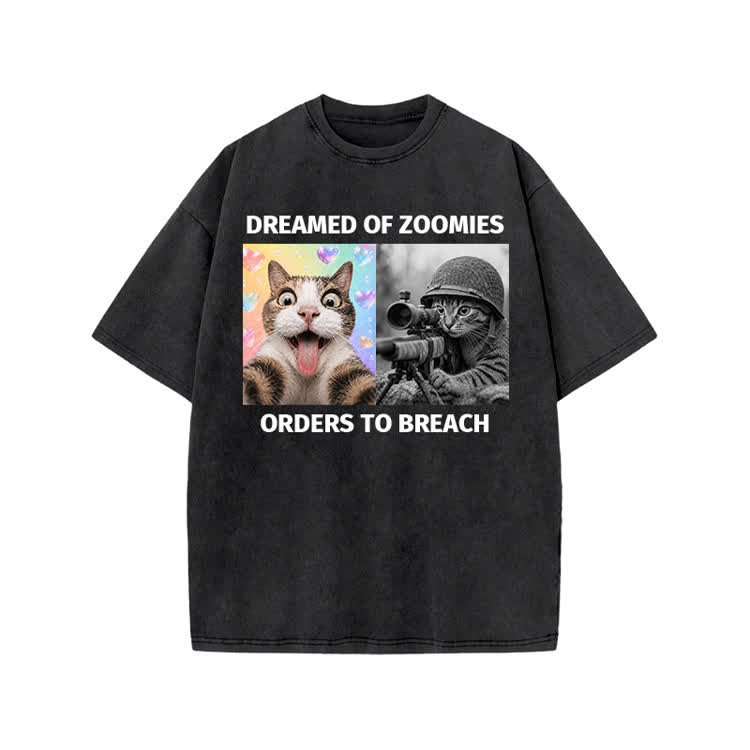 Streetwear Zoomies Cat Graphic Print Acid Washed T-shirt