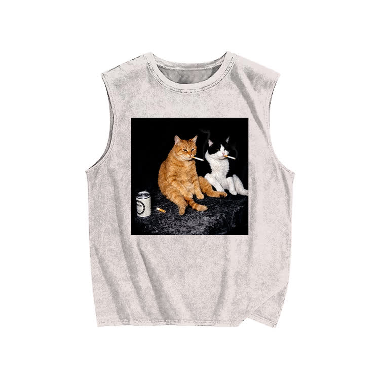 Vintage Smoking Cats Graphic Print Washed Tank Top