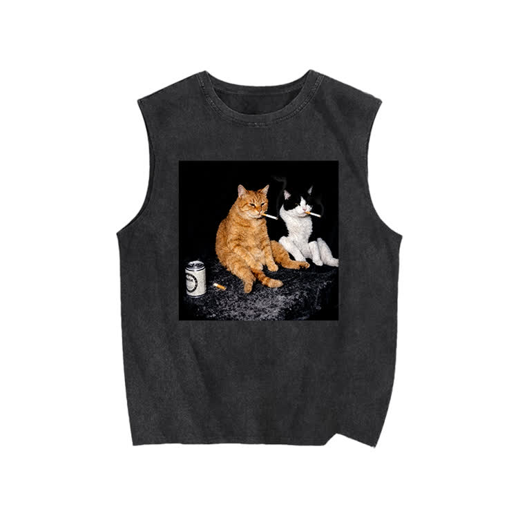 Vintage Smoking Cats Graphic Print Washed Tank Top