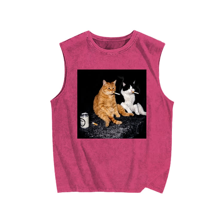 Vintage Smoking Cats Graphic Print Washed Tank Top