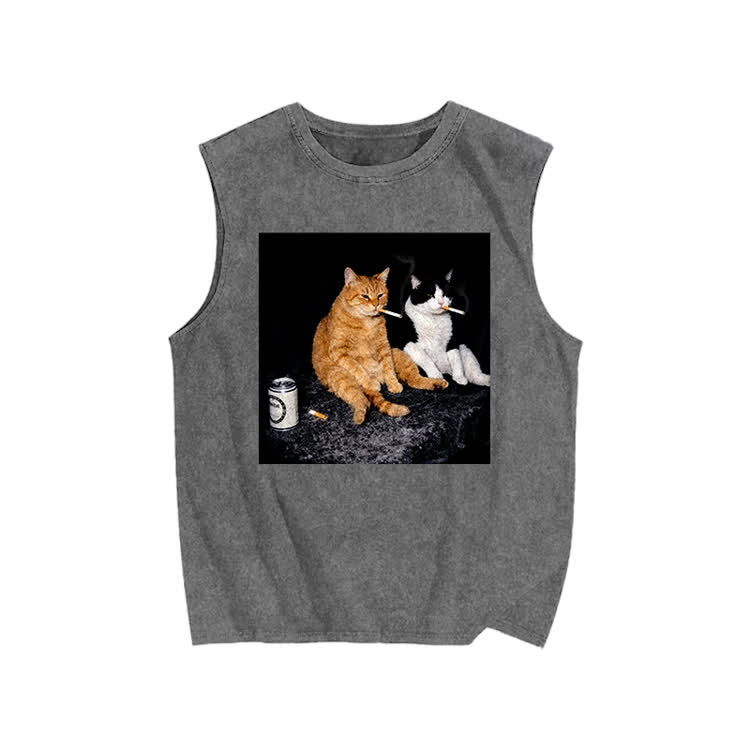 Vintage Smoking Cats Graphic Print Washed Tank Top