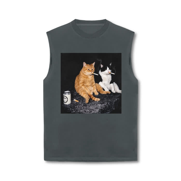 Vintage Smoking Cats Graphic Print Tank Top