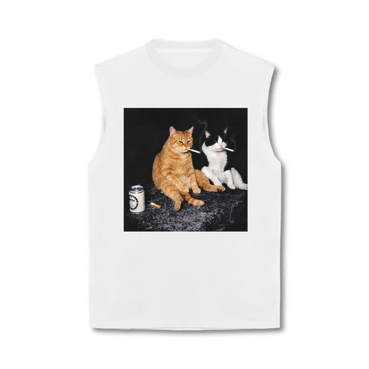 Vintage Smoking Cats Graphic Print Tank Top