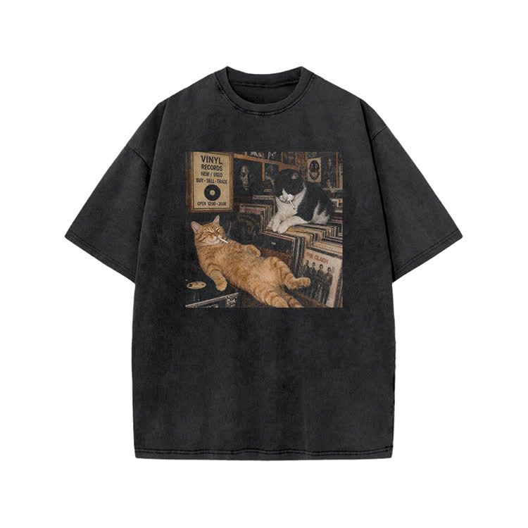 Vintage Cat Record Shop Print Acid Washed T-shirt