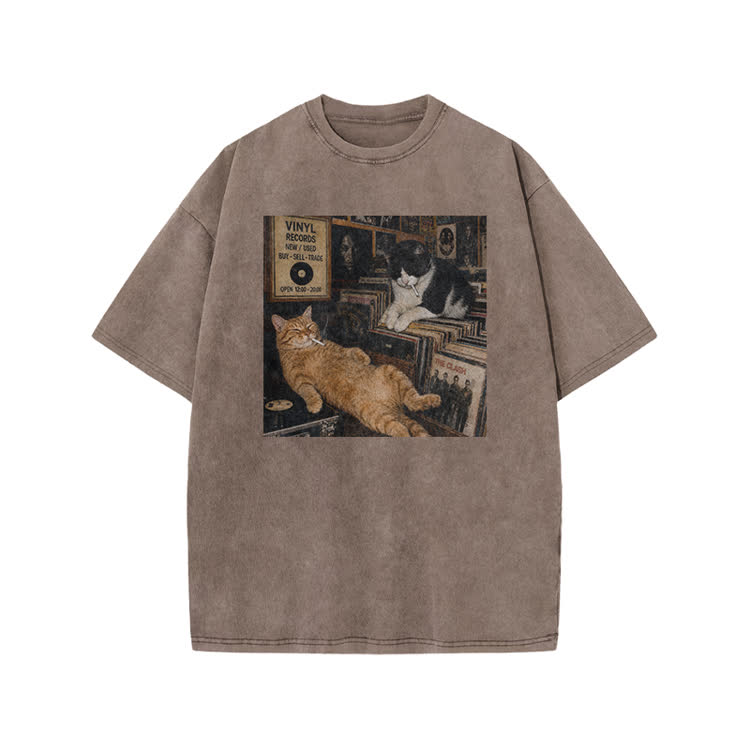 Vintage Cat Record Shop Print Acid Washed T-shirt