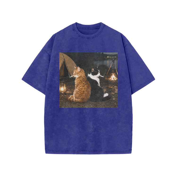Vintage Camping Cats Graphic Print Acid Washed T-shirt