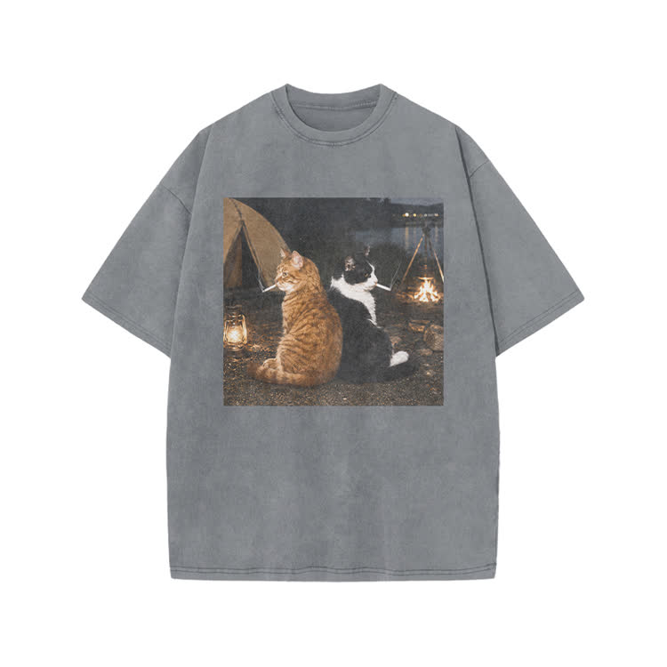 Vintage Camping Cats Graphic Print Acid Washed T-shirt