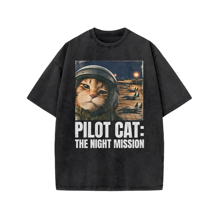 Retro Night Mission Pilot Cat Graphic Print Acid Washed T-shirt