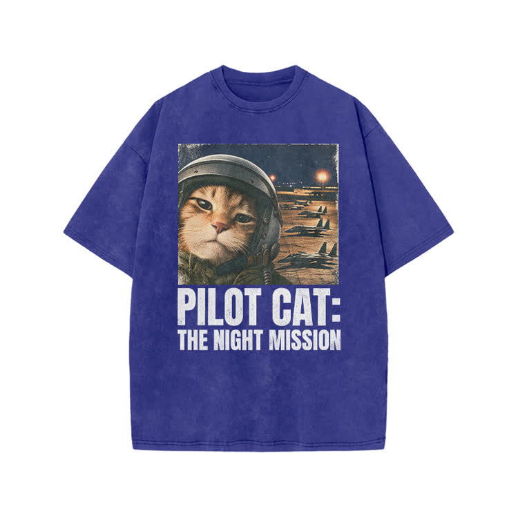 Retro Night Mission Pilot Cat Graphic Print Acid Washed T-shirt