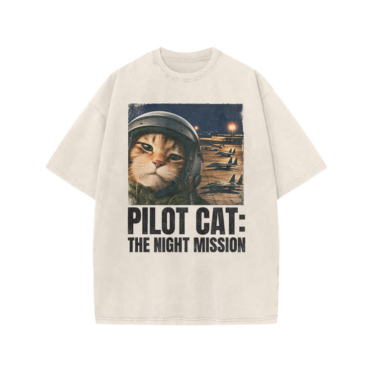 Retro Night Mission Pilot Cat Graphic Print Acid Washed T-shirt