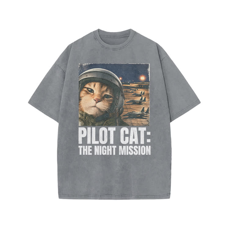 Retro Night Mission Pilot Cat Graphic Print Acid Washed T-shirt