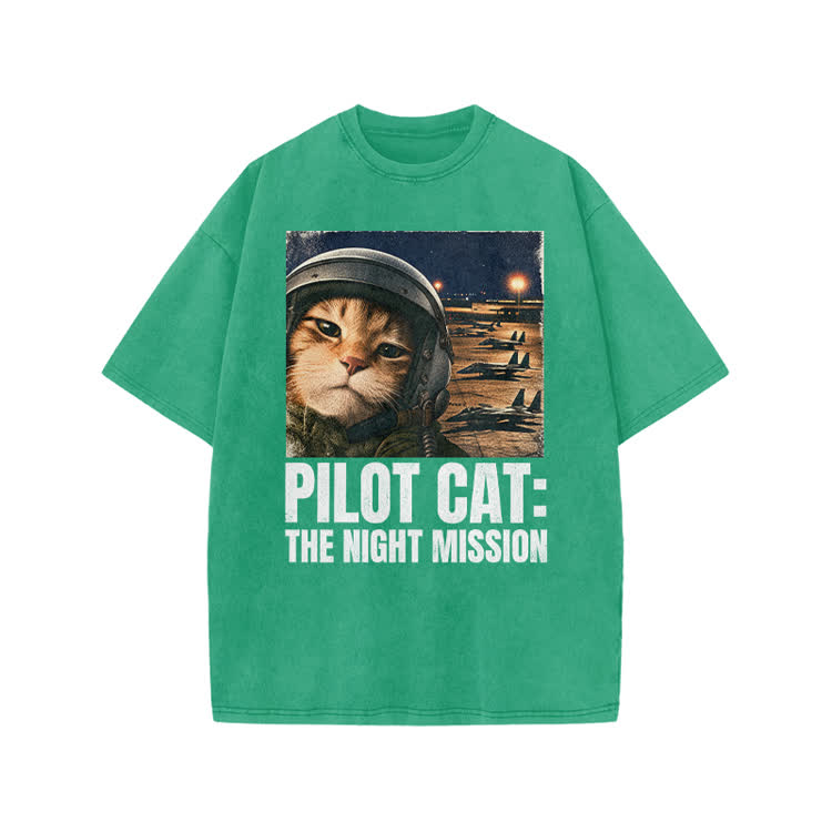 Retro Night Mission Pilot Cat Graphic Print Acid Washed T-shirt