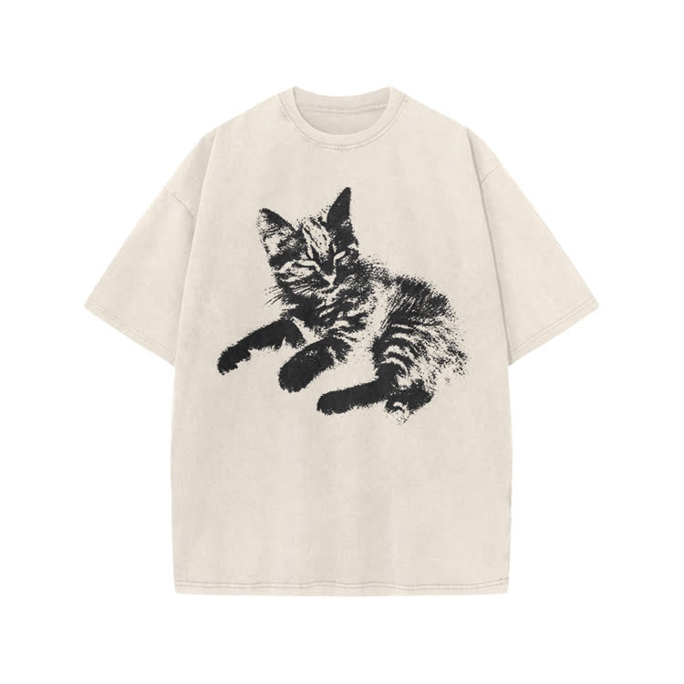 Vintage Cat Graphic Print Acid Washed T-shirt