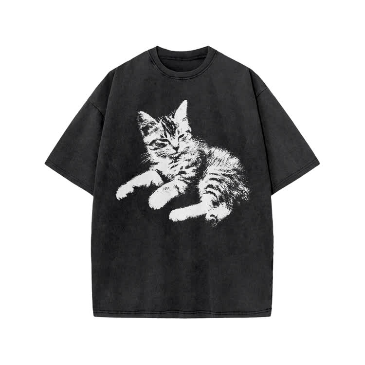 Vintage Cat Graphic Print Acid Washed T-shirt