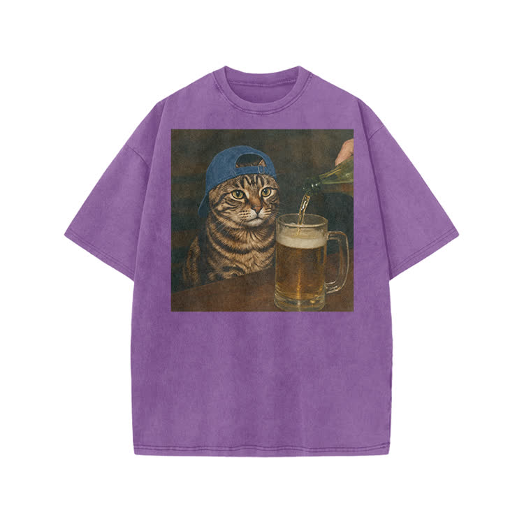 Vintage Beer Cat Graphic Print Acid Washed T-shirt