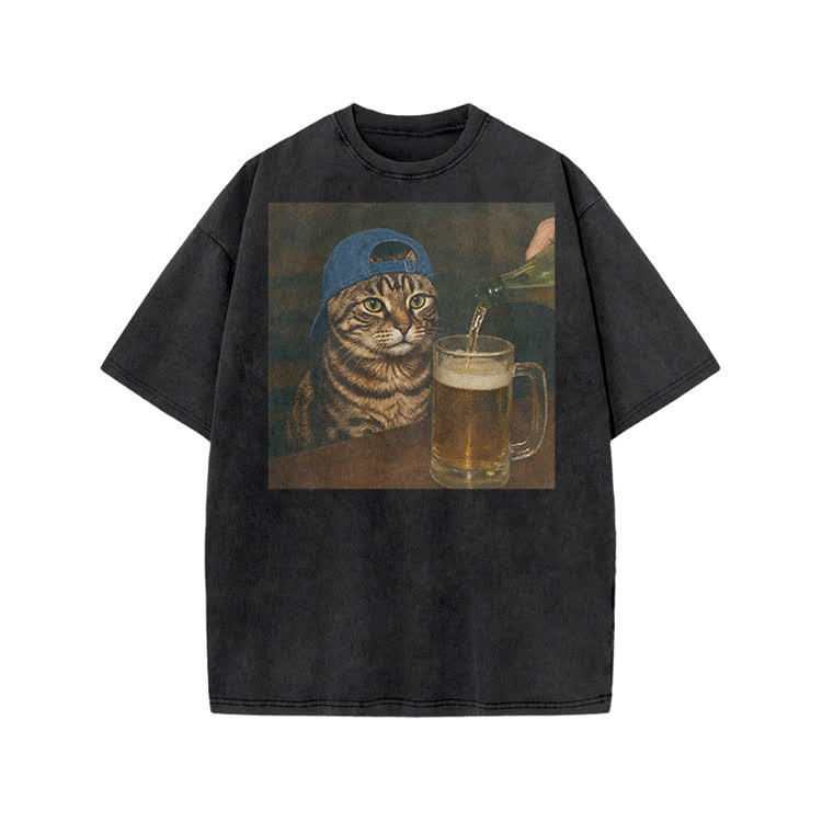 Vintage Beer Cat Graphic Print Acid Washed T-shirt